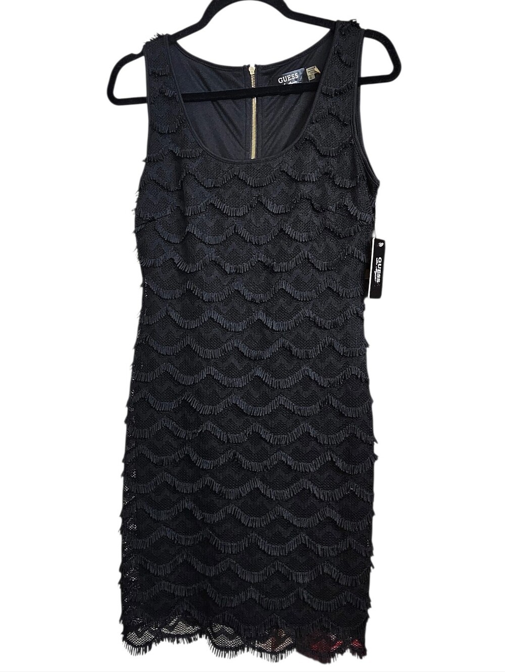 Guess Los Angeles Black Lace Fringe Scalloped Hem Bodycon Sleeveless Mini Dress